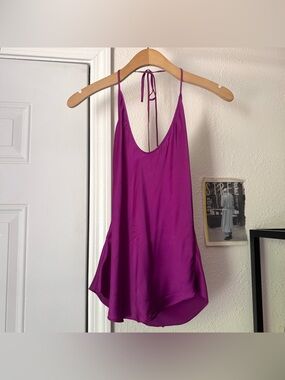 JUAN CARLOS OBANDO magenta purple silk backless halter neck scoop cami tank top